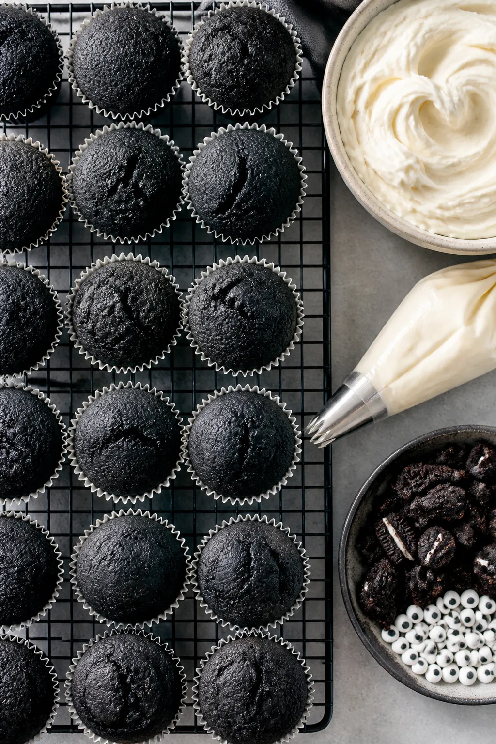 Cooking process: Overhead shot of freshly baked black cocoa cupcakes cooling on a wire rack, each li