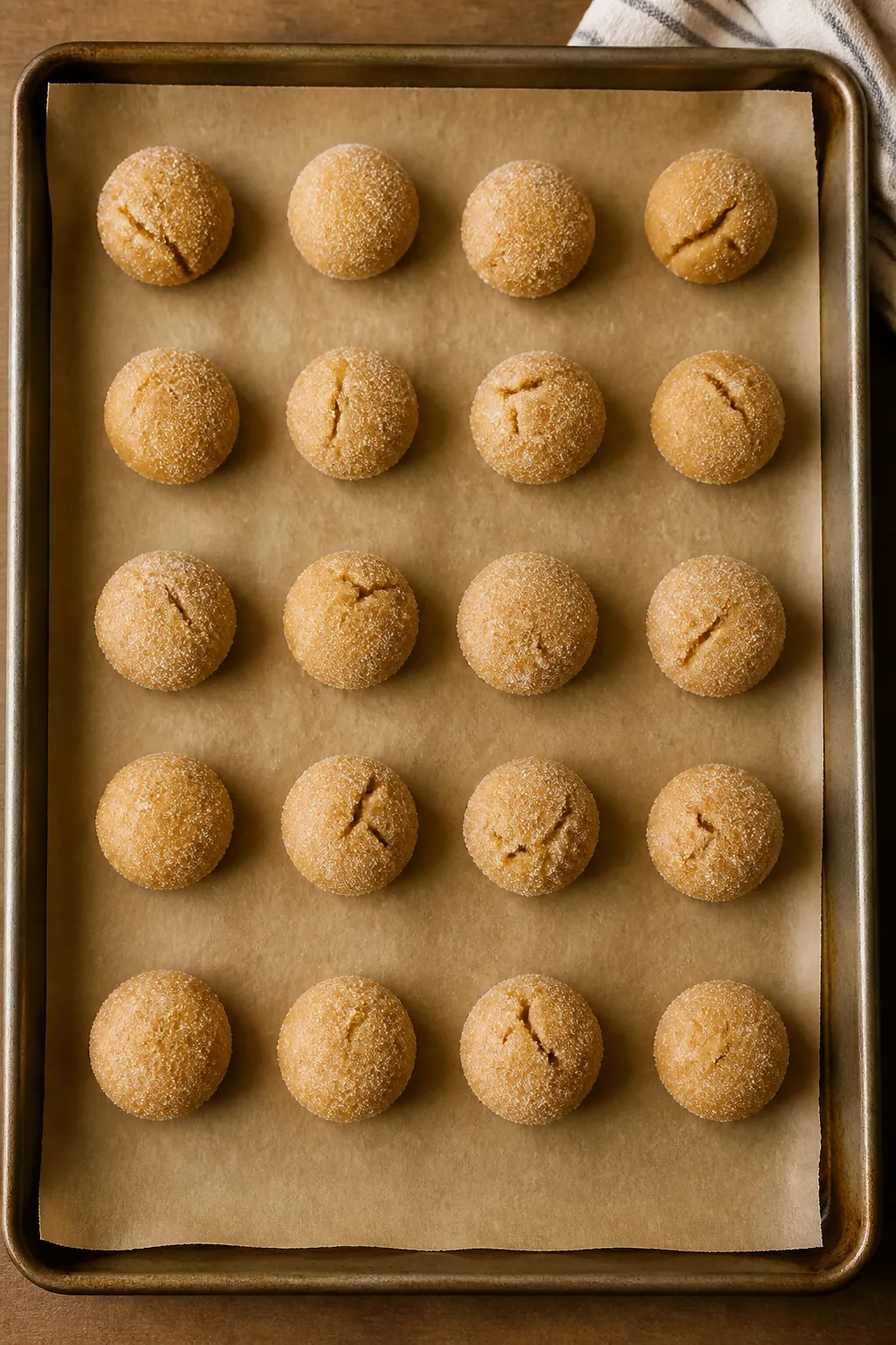 Cooking process: Overhead shot of freshly scooped maple cookie dough balls after a brief chill, arra