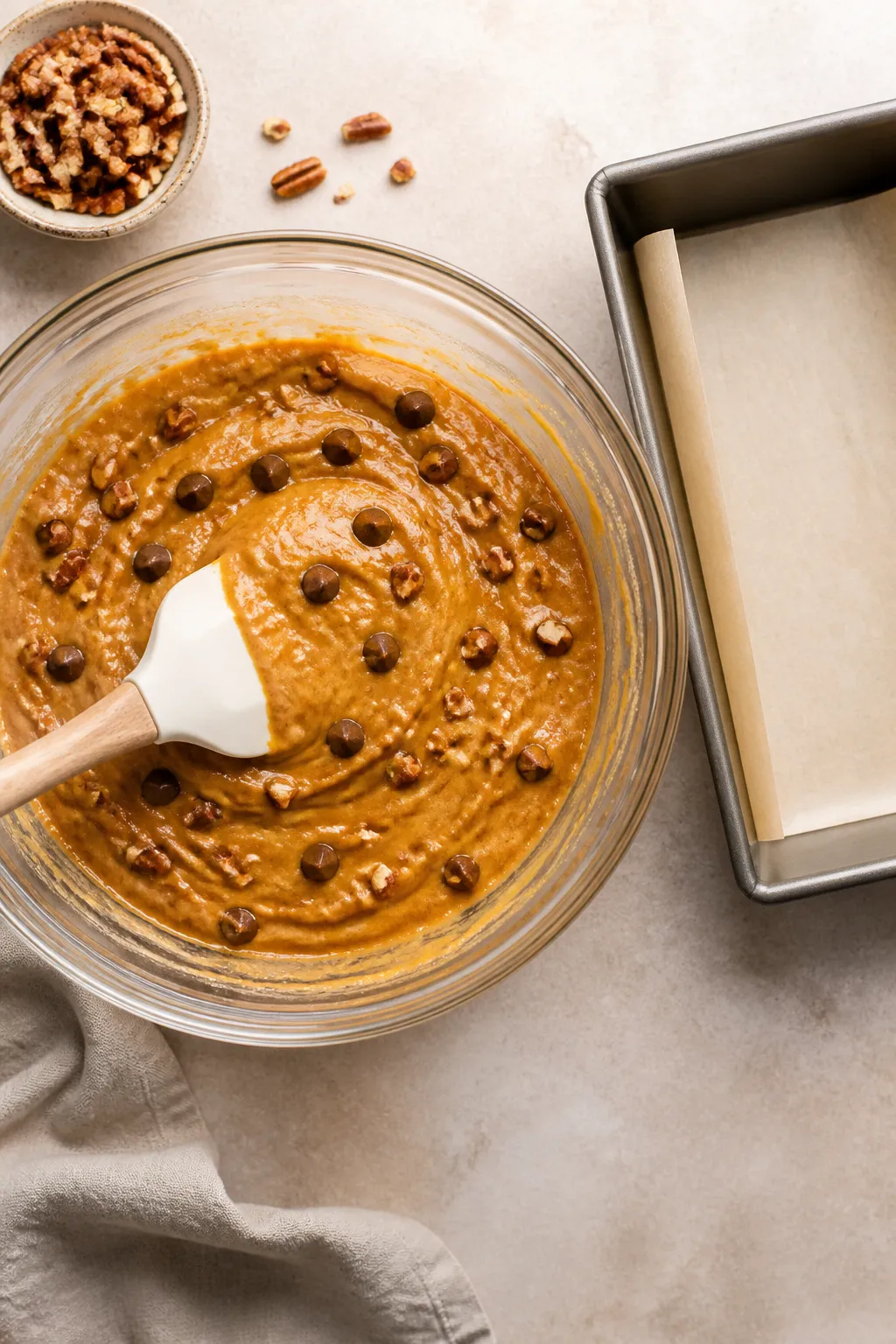 Cooking process: Overhead shot of glossy pumpkin batter being gently folded with a spatula in a larg