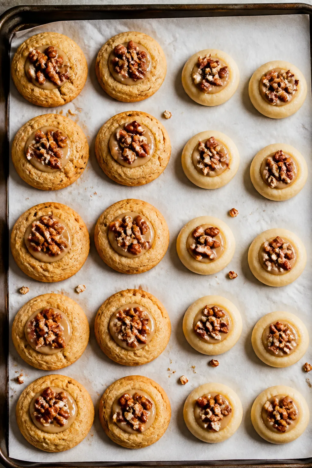 Cooking process: Overhead shot of parchment-lined baking sheet with portioned cookie dough balls, ea