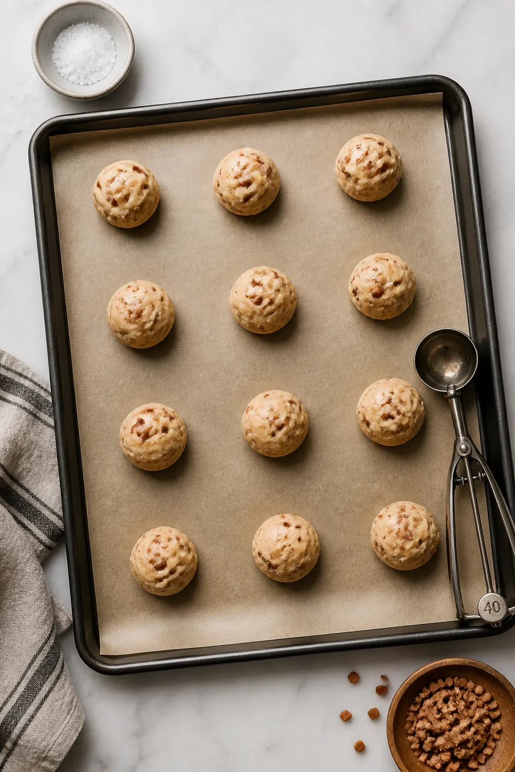 Cooking process: Overhead shot of portioned, chilled cookie dough balls dotted with toffee bits on a