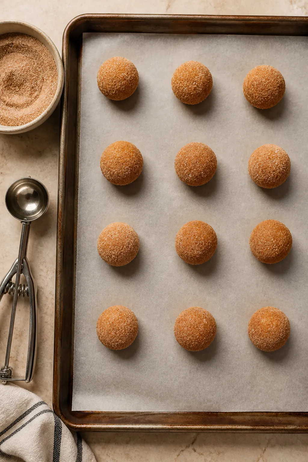 Cooking process: Overhead shot of portioned cookie dough balls freshly rolled in cinnamon sugar on a