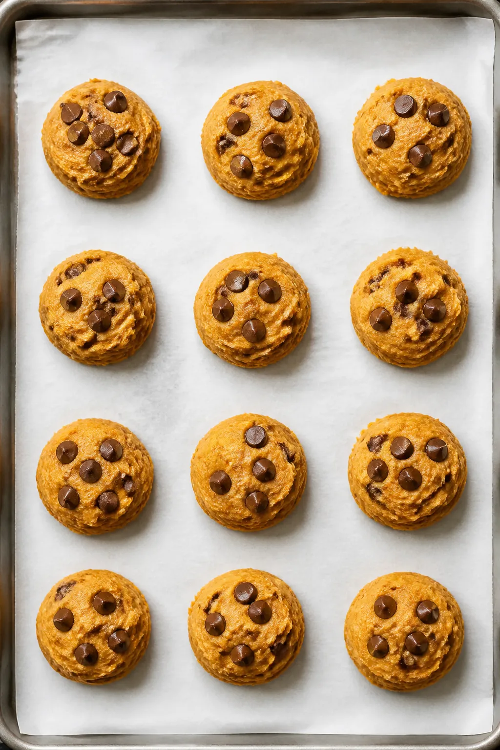 Cooking process: Overhead shot of portioned, prepared dough mounds on a parchment-lined baking sheet