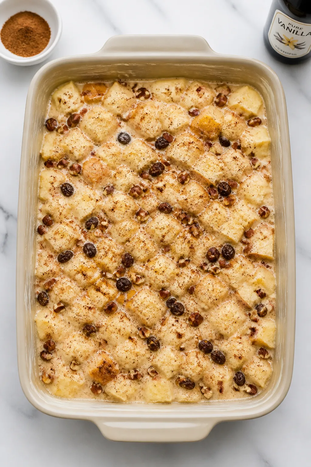 Cooking process: Overhead shot of soaked bread pudding mixture being smoothed into a buttered 9x13-i