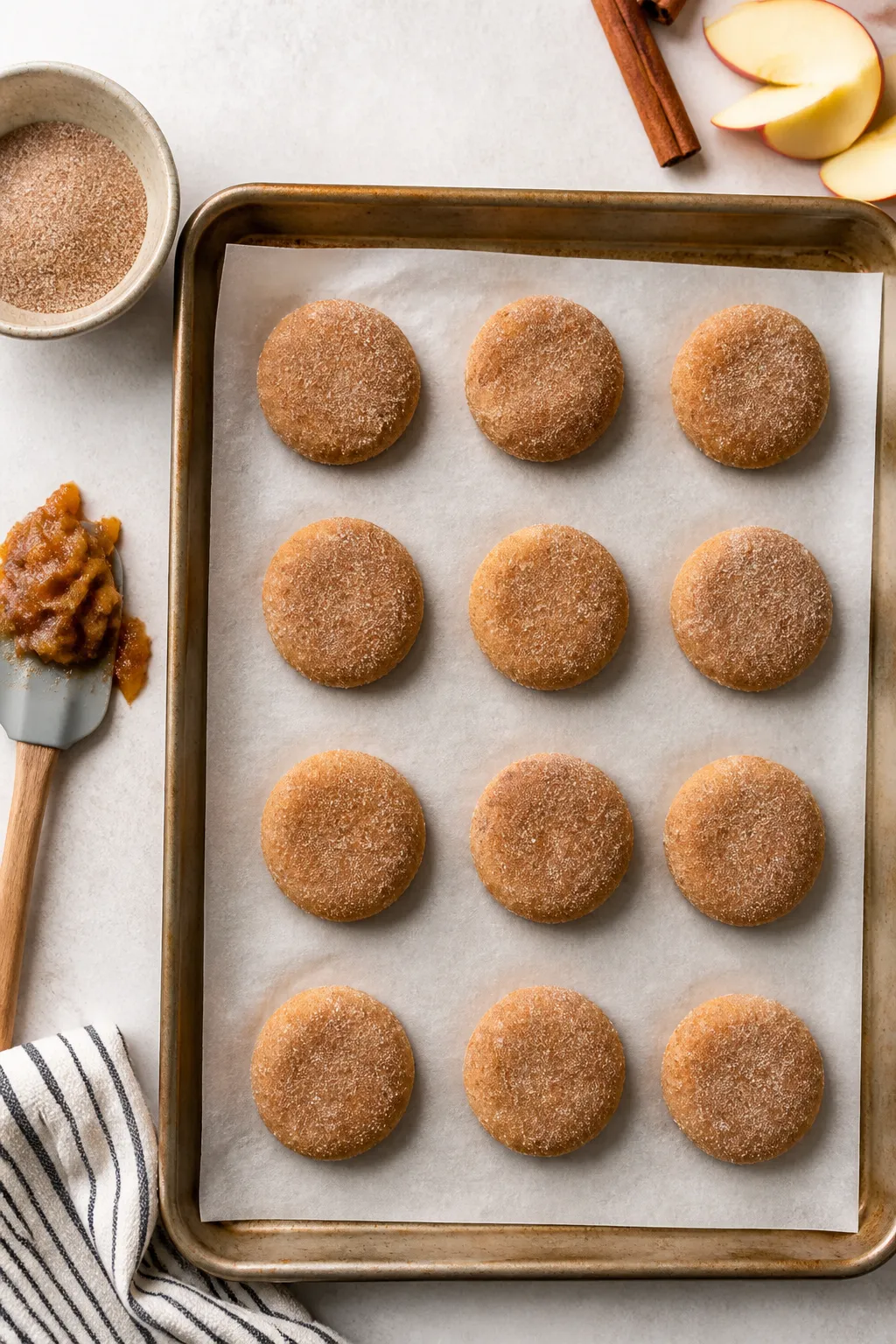 Cooking process: Overhead shot of stuffed cookie dough balls just before baking—seam-side down, ev