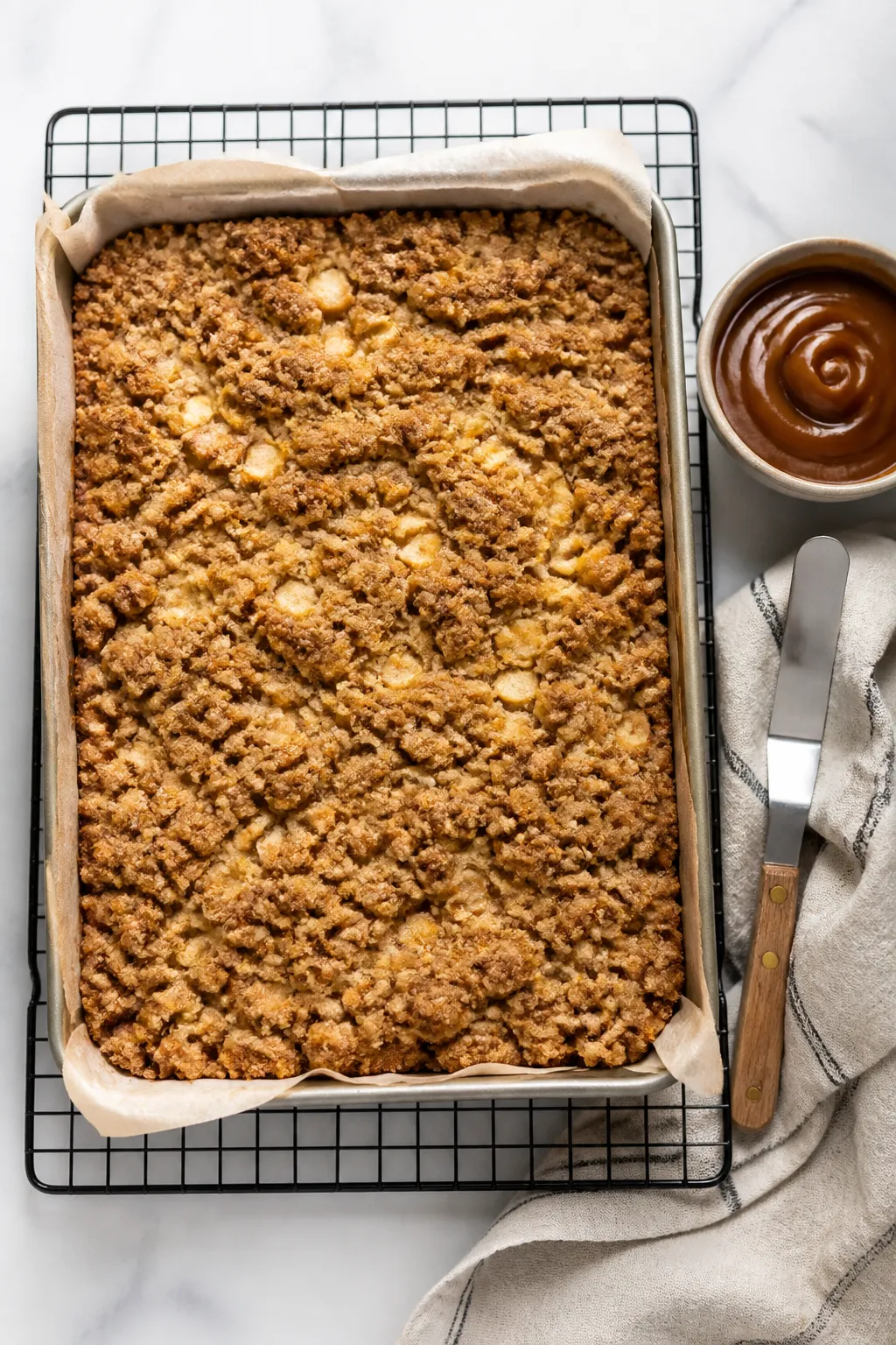 Cooking process: Overhead shot of the assembled, baked slab in a parchment-lined 9x13 pan on a cooli