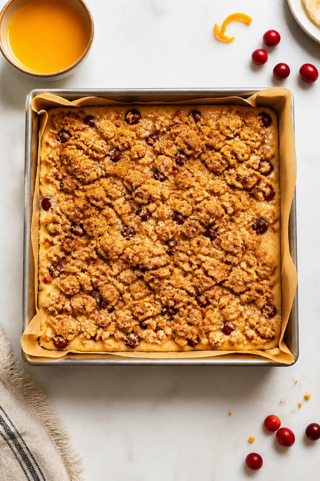 Cooking process: Overhead shot of the assembled cake batter in a parchment-lined 9-inch square pan, 