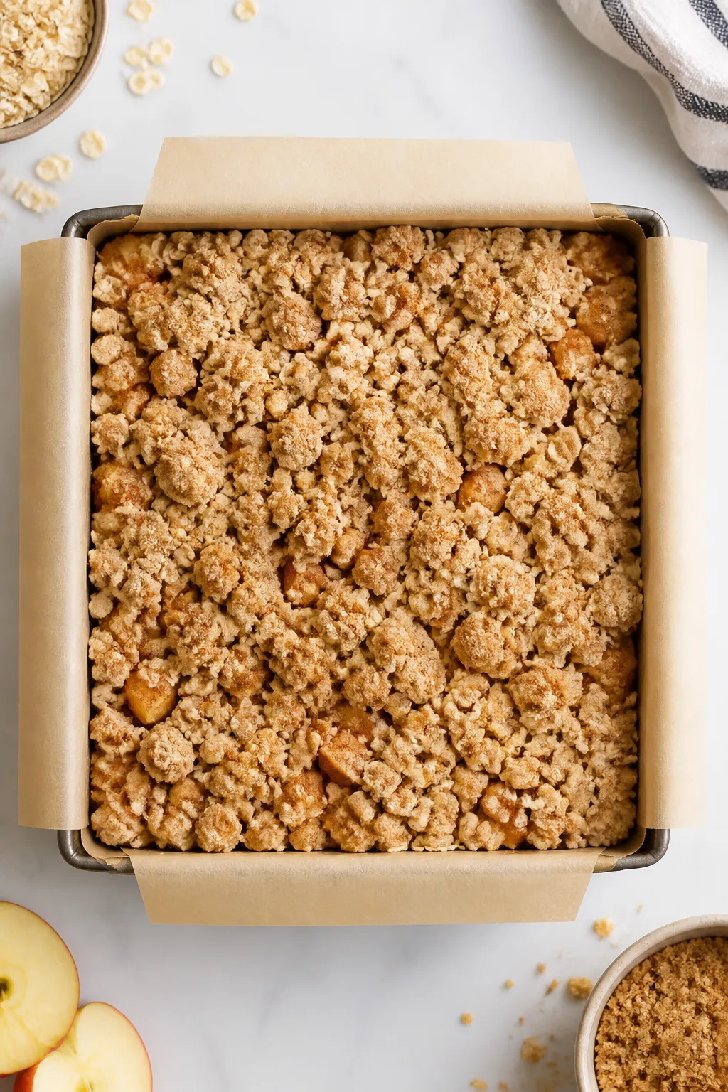 Cooking process: Overhead shot of the assembled, unbaked pan just before it goes into the oven—smo