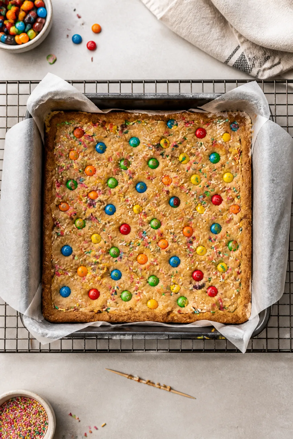 Cooking process: Overhead shot of the cookie bar slab cooling in the pan on a wire rack, with the ba