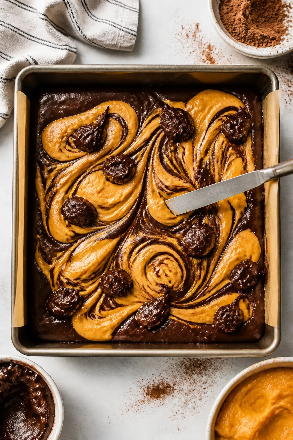 Cooking process: Overhead shot of the marbling step—an 8-inch square pan with thick brownie batter