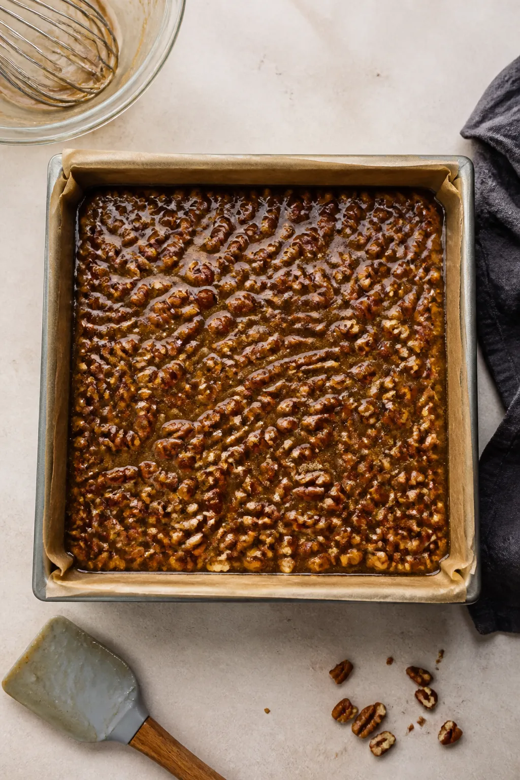 Cooking process: Overhead shot of the par-baked brownie base in an 8-inch square pan lined with parc