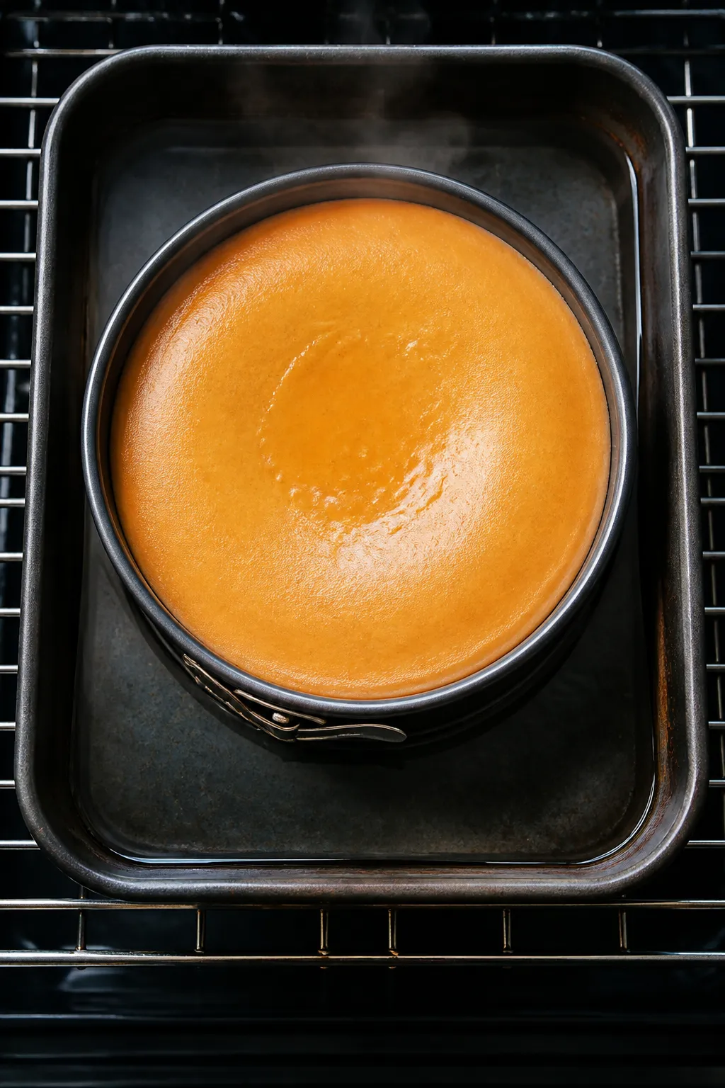 Cooking process: Overhead shot of the pumpkin cheesecake just pulled from a water bath—9-inch spri