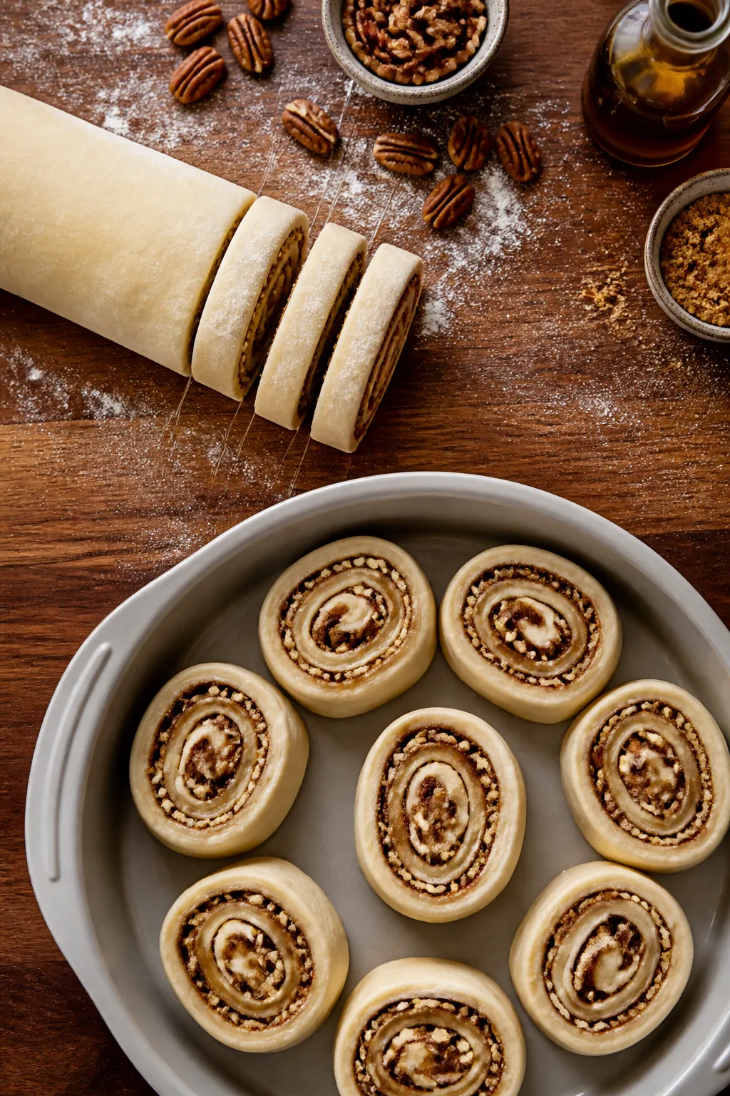Cooking process: Overhead shot of the rolled dough log being cleanly sliced into even rounds using u