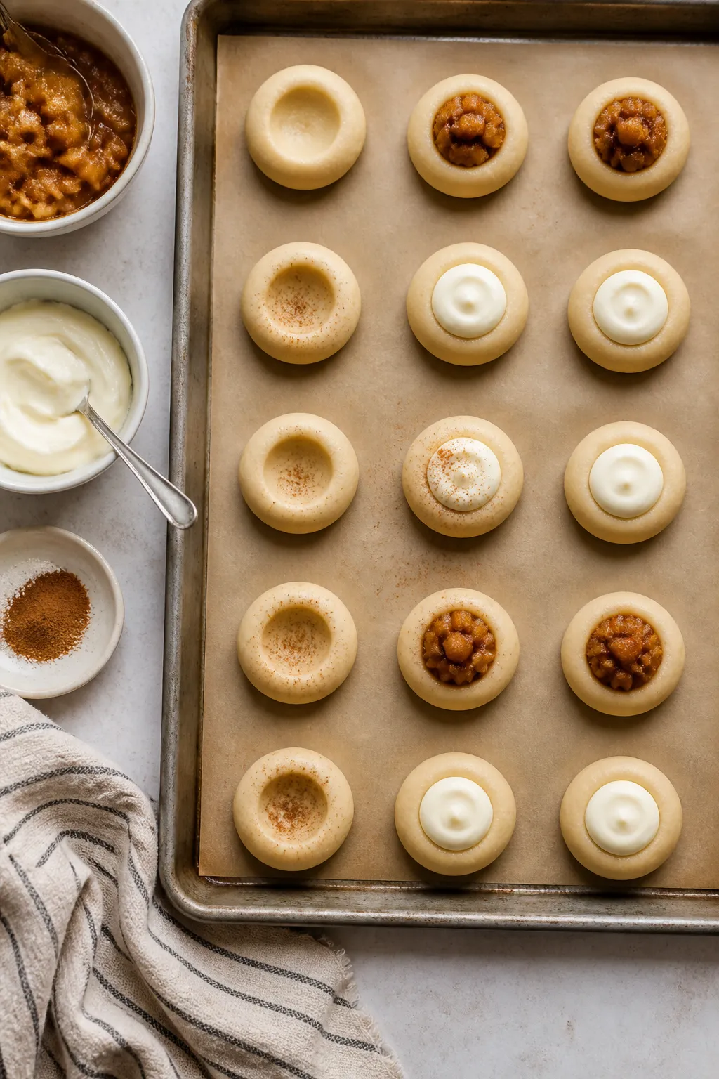 Cooking process: Overhead shot of thumbprint-style cookie shaping and filling on a parchment-lined t