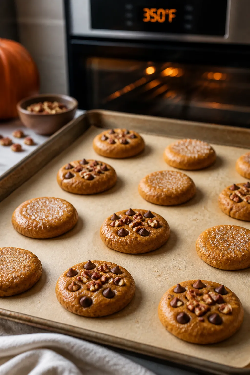 Cooking process: Portion-and-bake stage captured mid-action (no hands shown): scooped rounds of chil