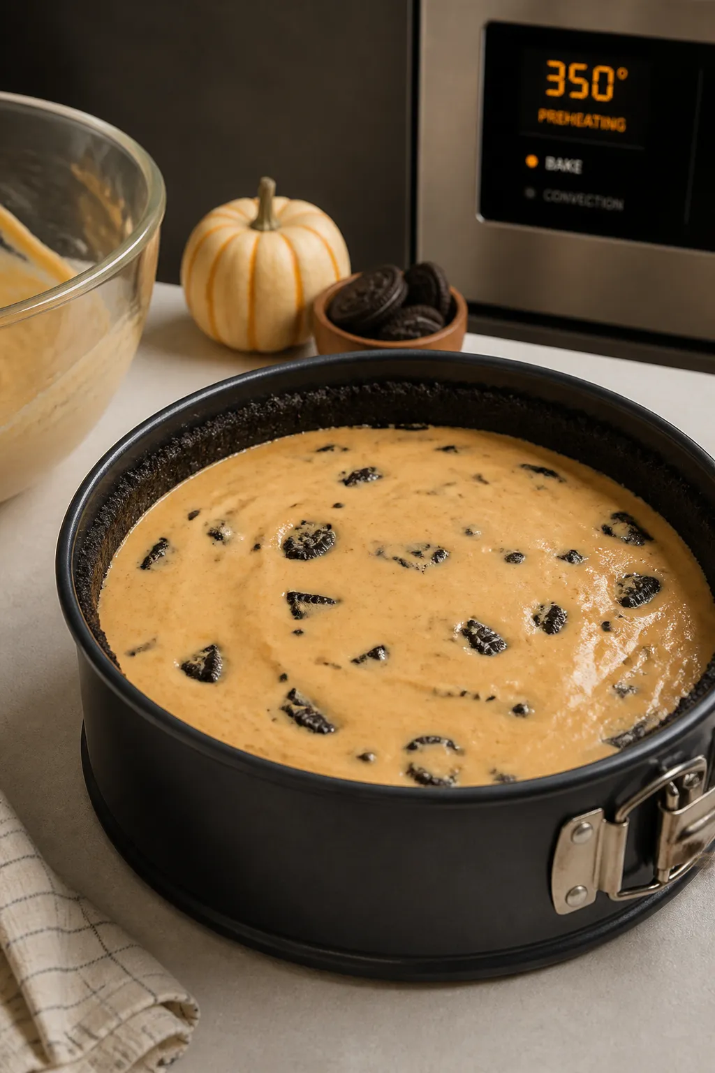 Cooking process scene: the par-baked Oreo crust in a 9-inch springform pan being filled with the pum