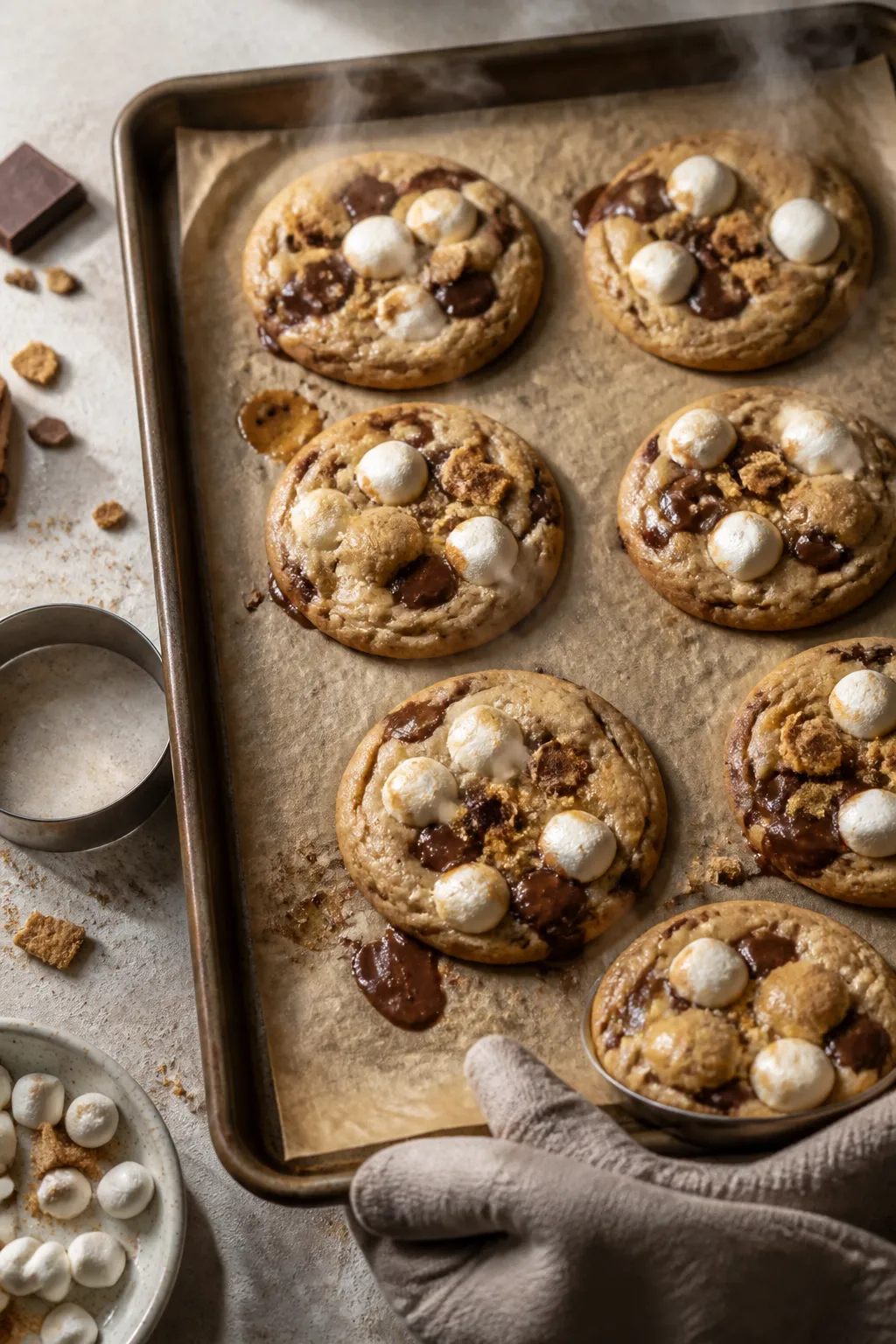 Cooking process shot: Mid-bake step captured overhead—parchment-lined sheet tray pulled from a 350