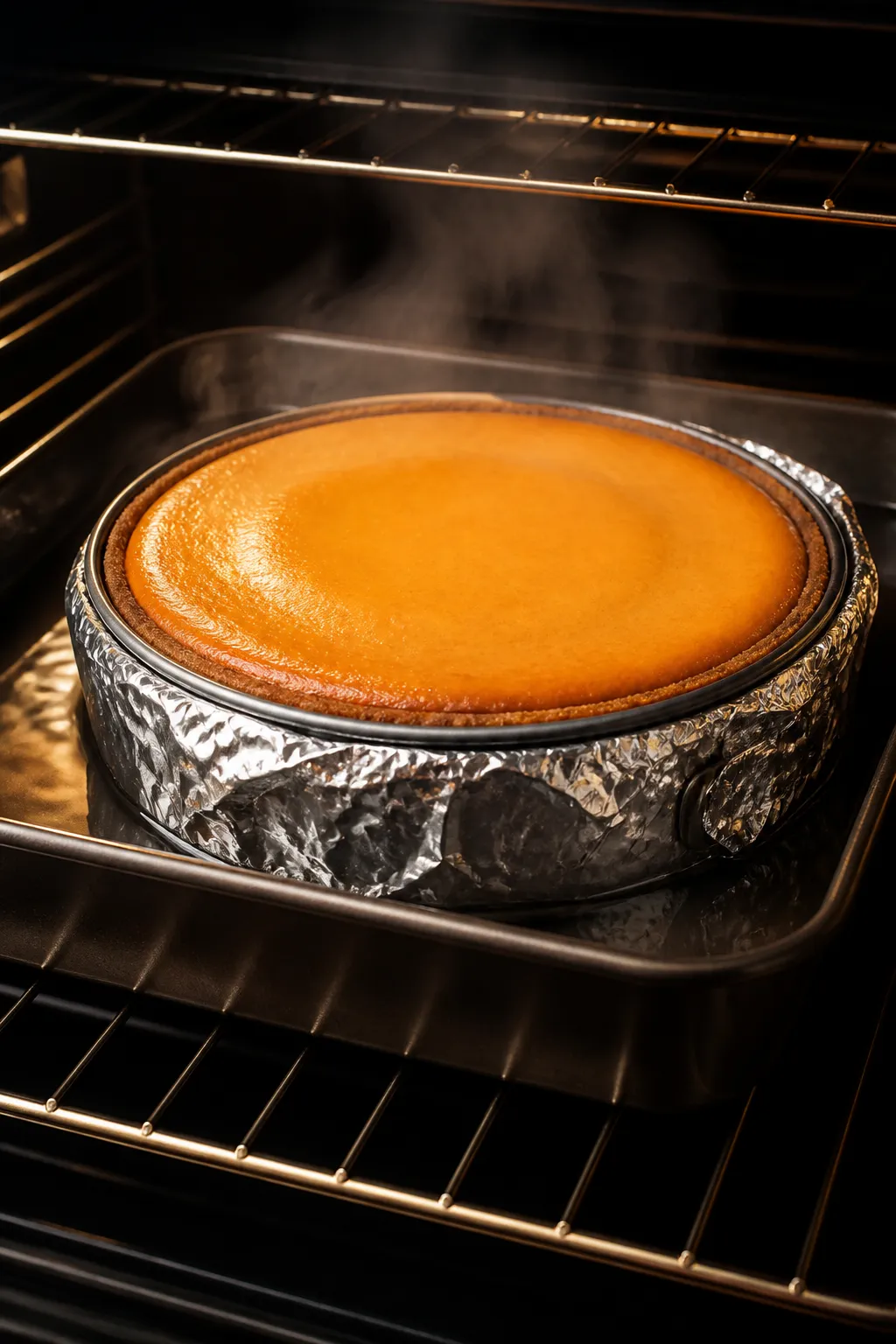 Cooking process: Side-angle shot of a foil-wrapped 9-inch springform pan nestled in a deep roasting 