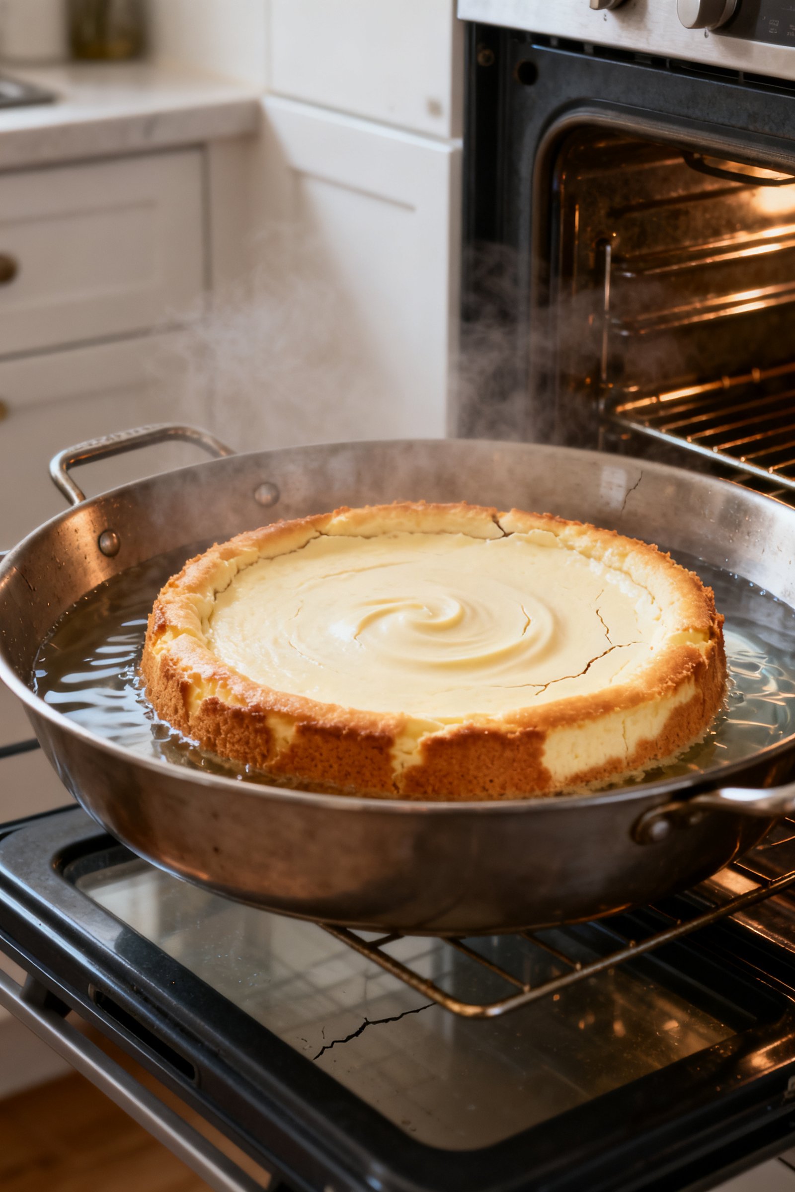 Cooking process: The cheesecake just baked and cooling in the cracked-oven-door stage with the water