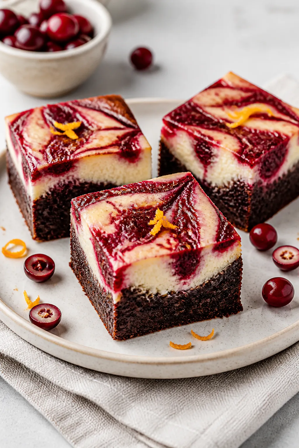 Final dish beauty: Cranberry Cheesecake Swirl Brownies sliced cleanly and plated. Three neat squares