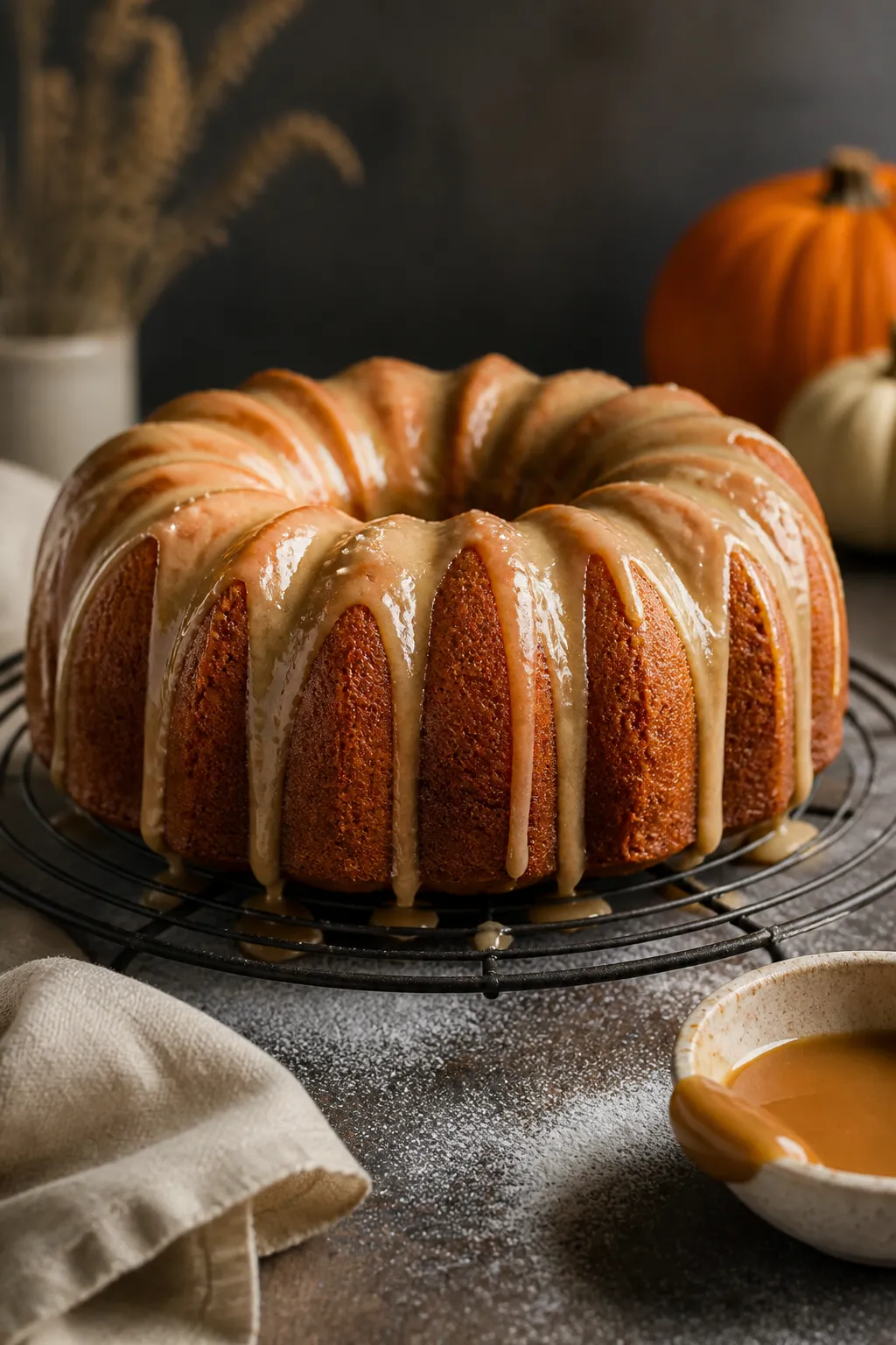 Final dish — Moody side-angle glamour shot of a perfectly unmolded Pumpkin Spice Bundt Cake on a w