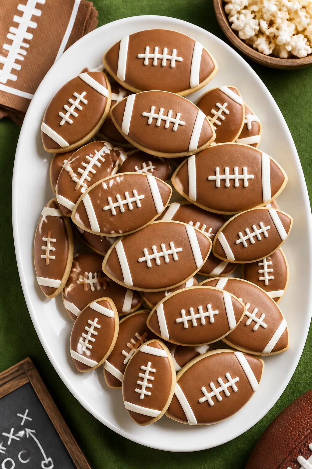 Final dish presentation: Beautifully arranged platter of finished football sugar cookies on a matte 