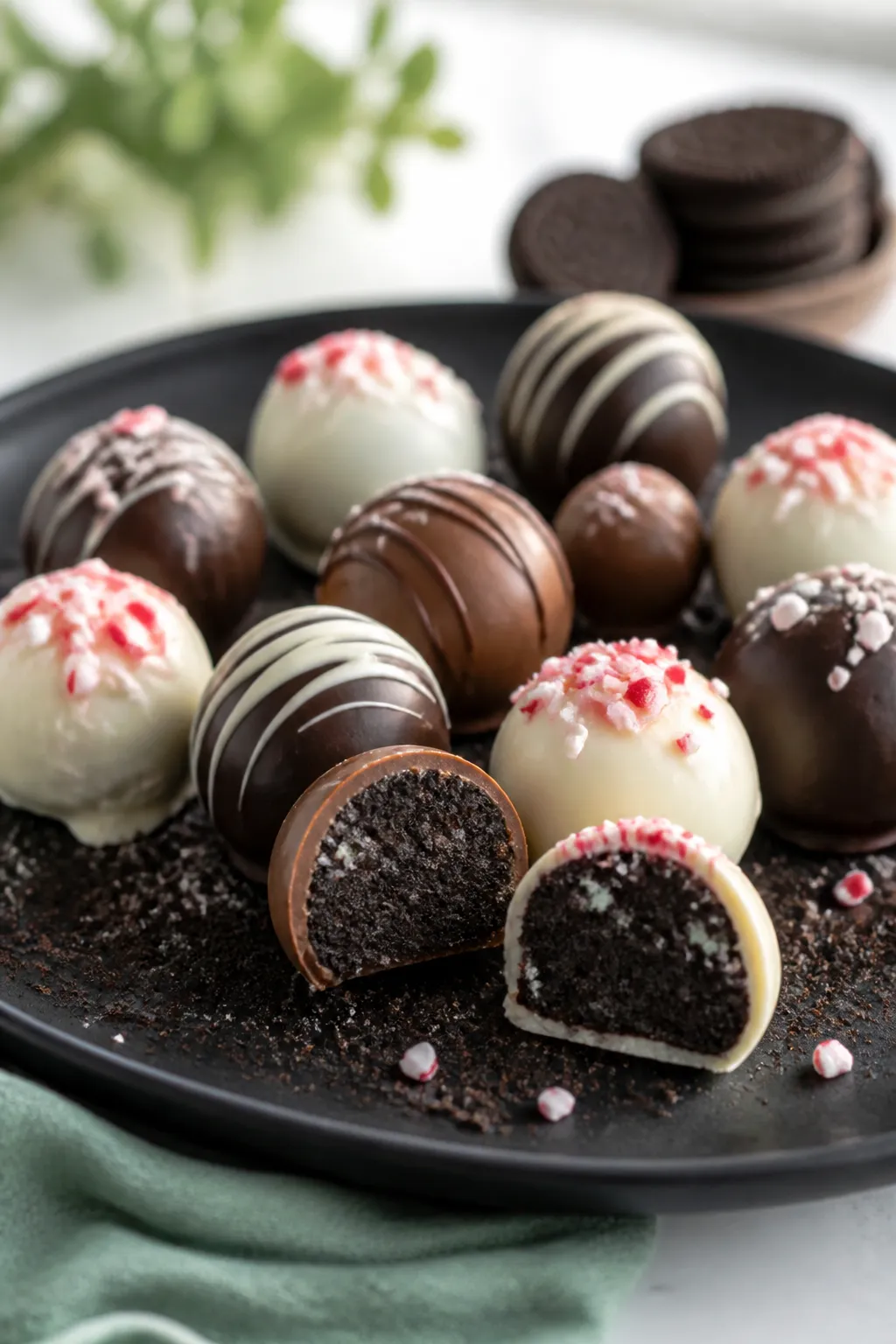 Final dish presentation: Beautifully plated assortment of Peppermint Oreo Truffles on a matte black 