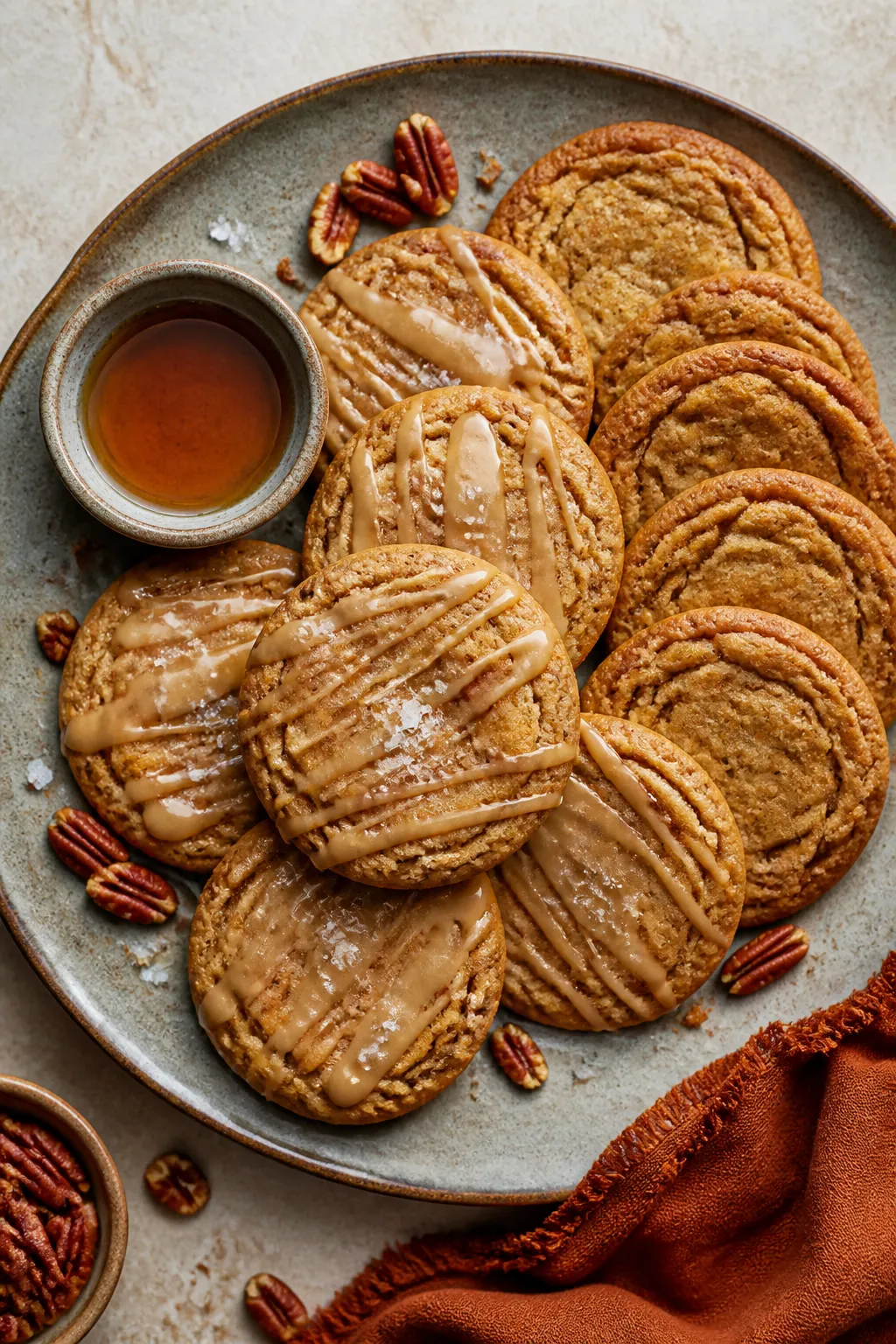 Final dish presentation: Beautifully plated Brown Butter Maple Cookies stacked and fanned on a matte