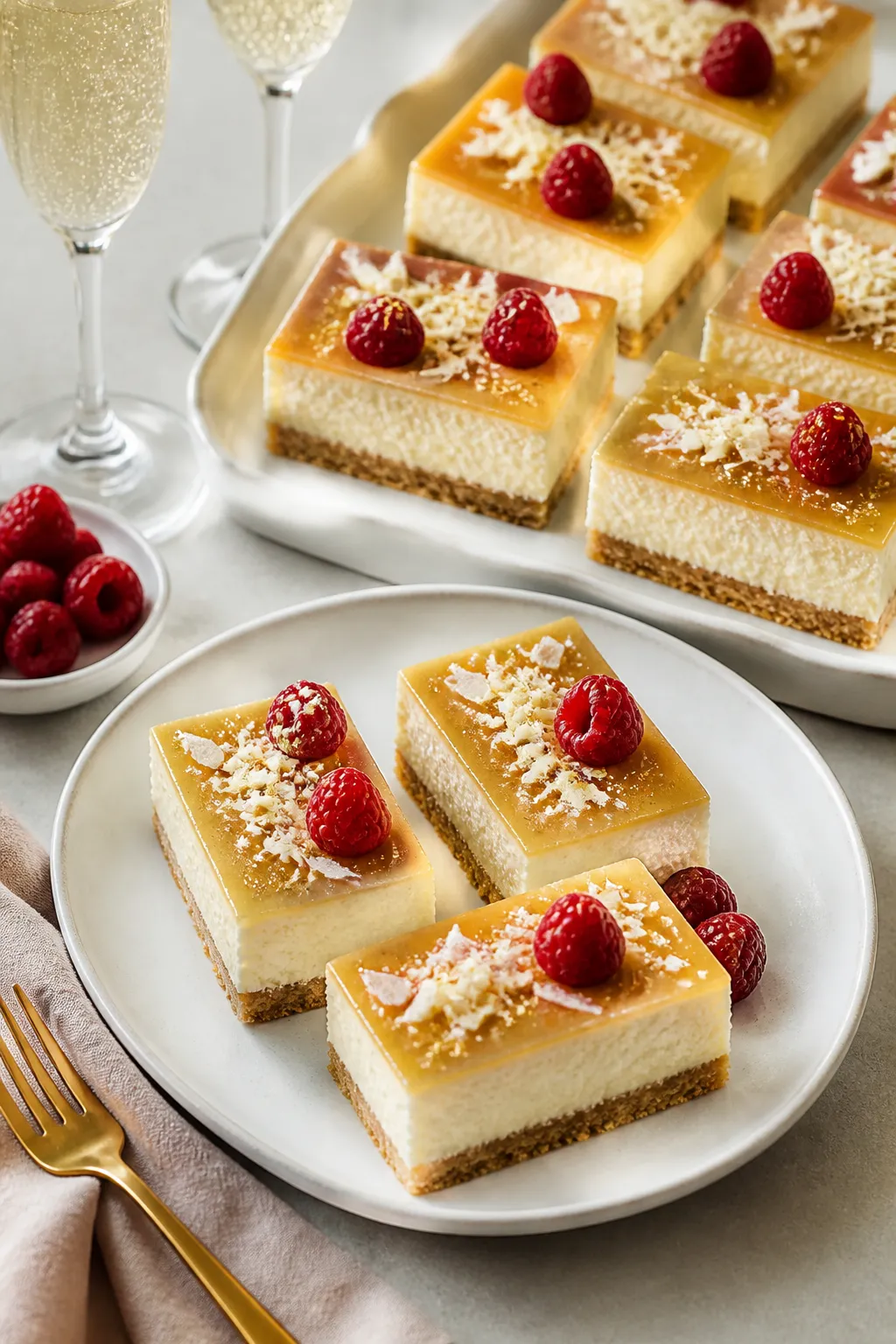 Final dish presentation: Beautifully plated Champagne Cheesecake Bars sliced into neat rectangles wi