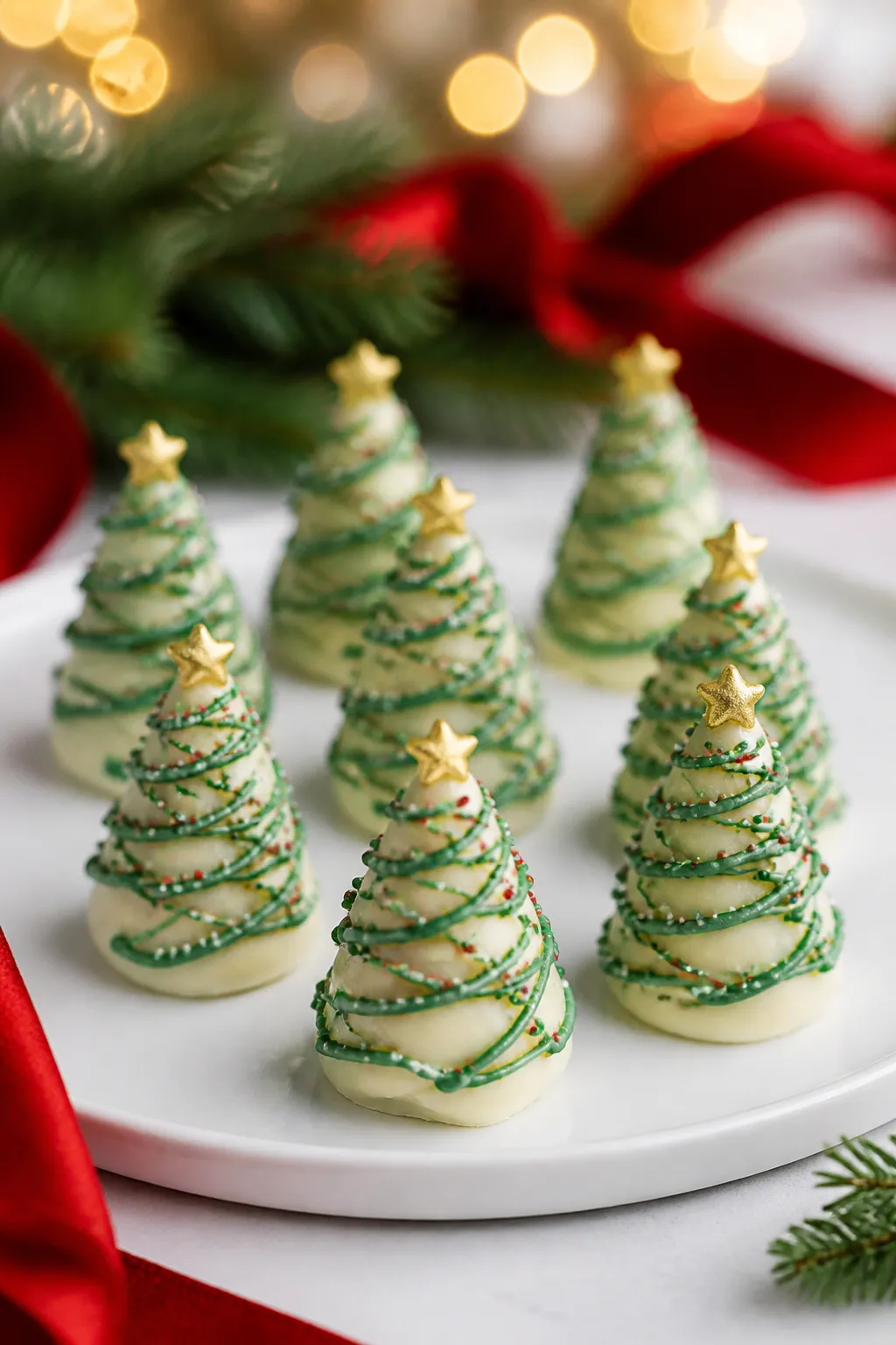 Final dish presentation: Beautifully plated Christmas Tree Cake Truffles shaped like mini trees—co