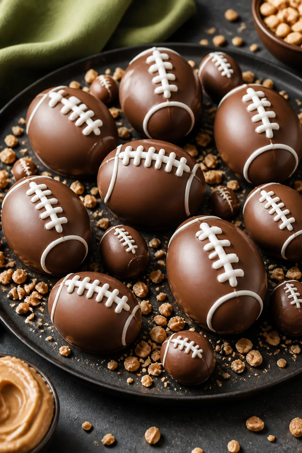 Final dish presentation: Beautifully plated Football Peanut Butter Balls arranged in a tight stagger