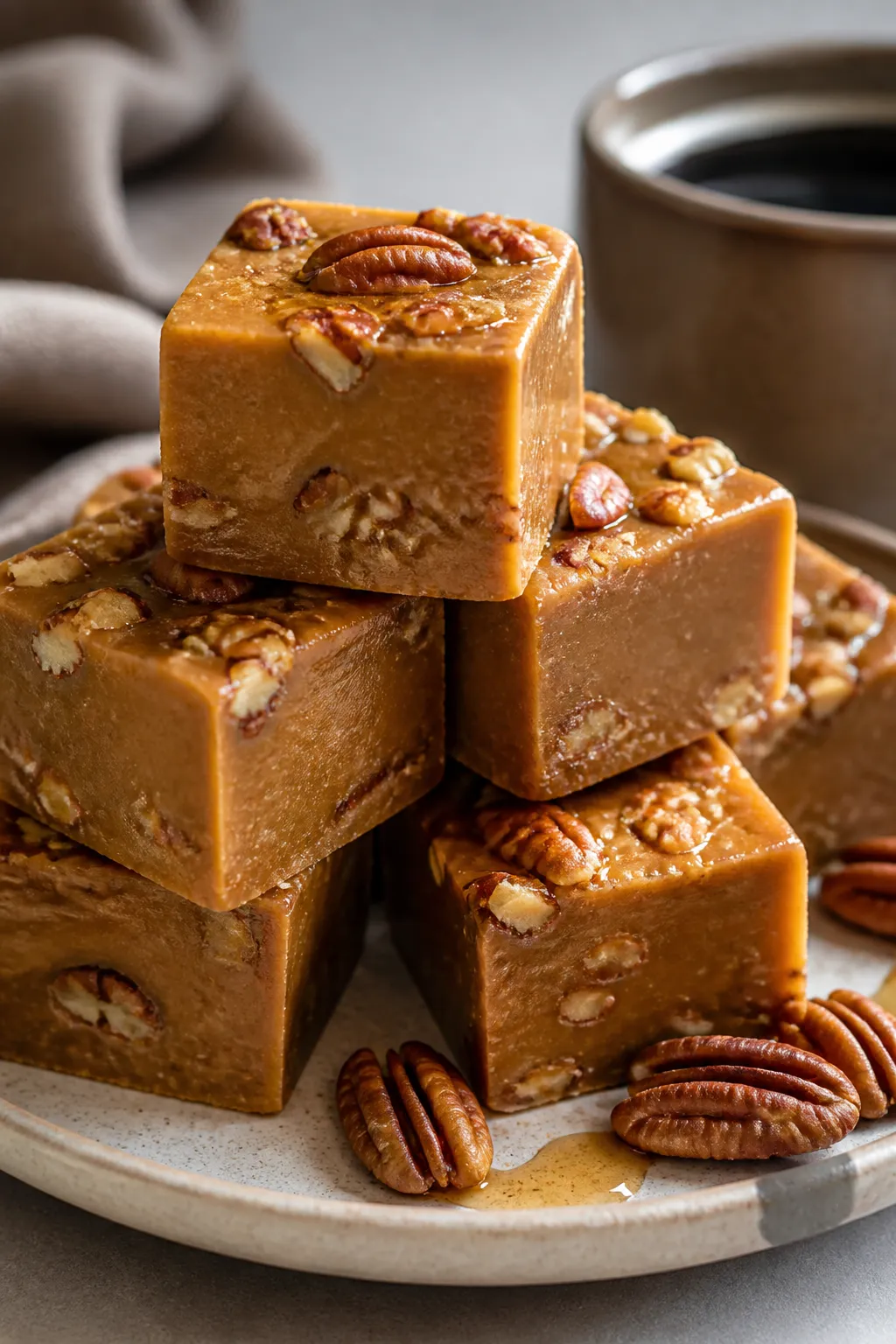 Final dish presentation: Beautifully plated maple pecan fudge cut into clean 1-inch squares, sharp e