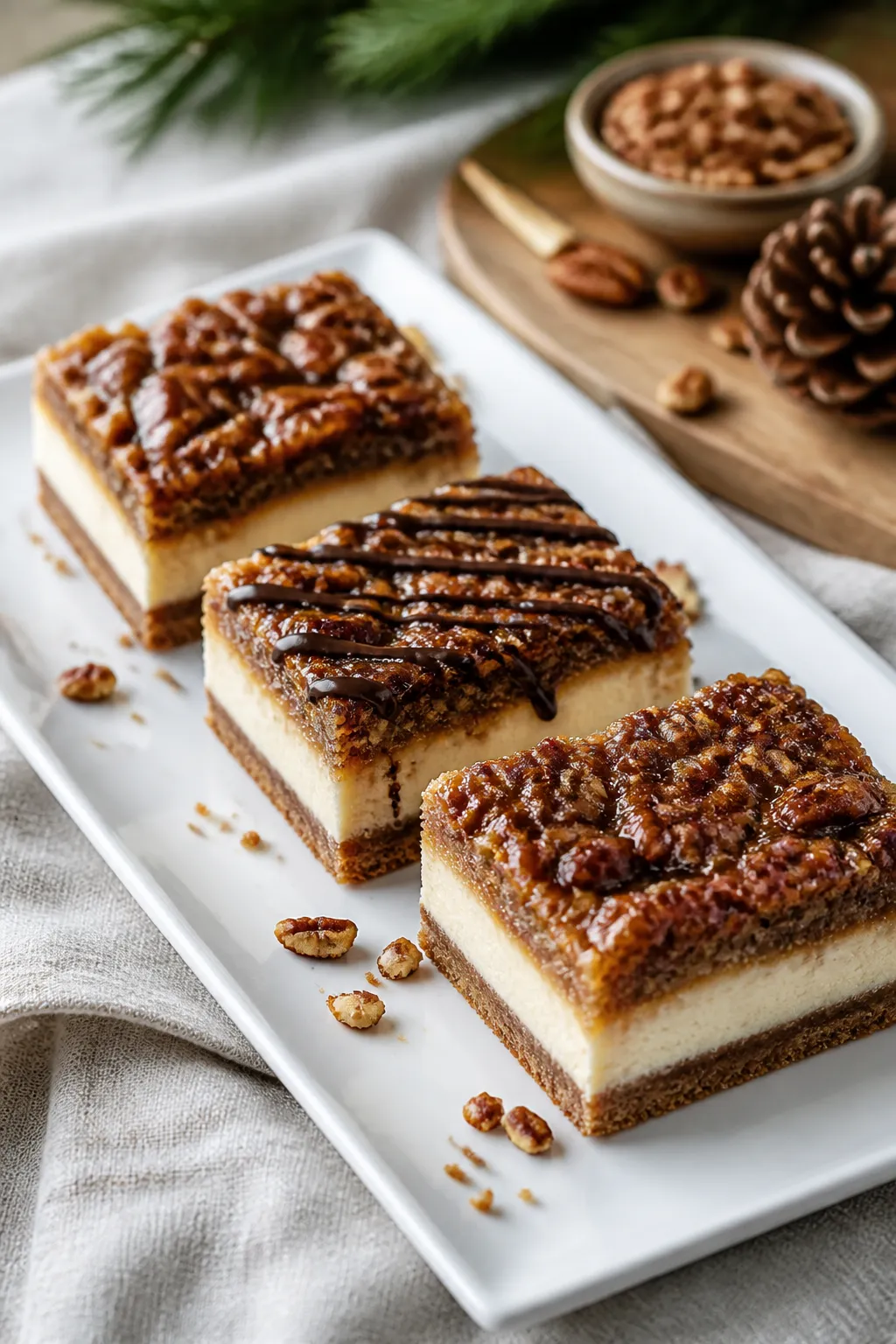 Final dish presentation: Beautifully plated pecan pie cheesecake bars sliced into clean, even rectan