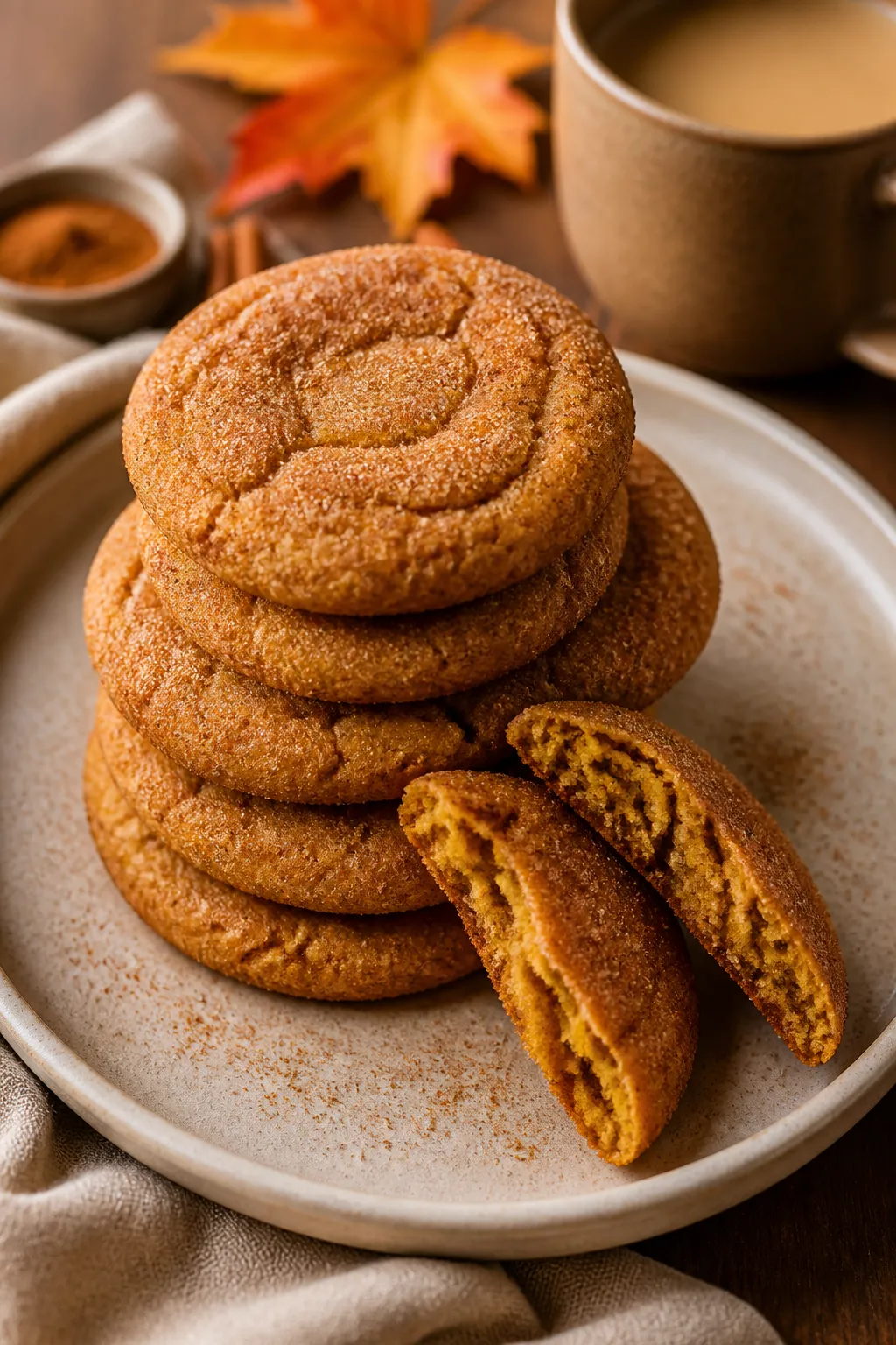 Final dish presentation: Beautifully plated stack of Pumpkin Spice Sugar Cookies on a matte ceramic 