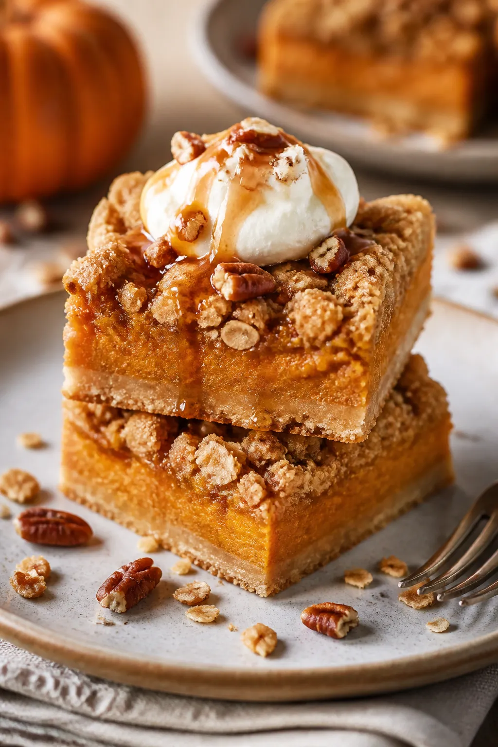 Final dish presentation: Beautifully plated Sweet Potato Crumble Bars sliced into neat squares, stac