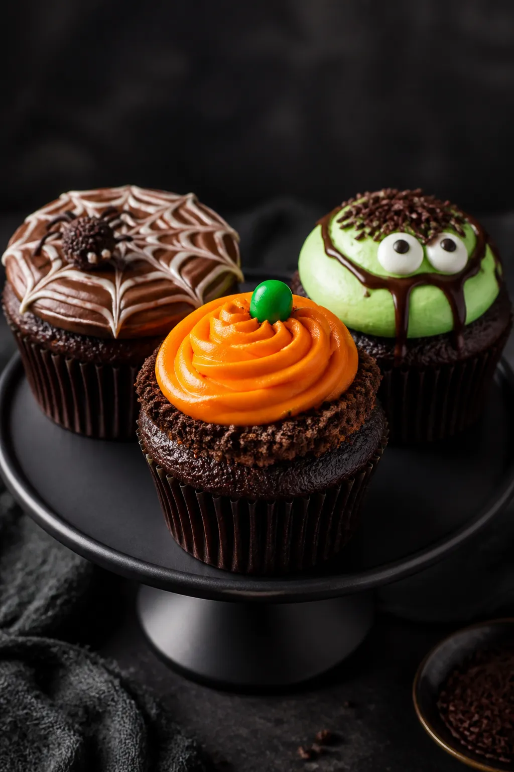 Final dish presentation: beautifully plated trio of Halloween chocolate cupcakes on a matte black ca