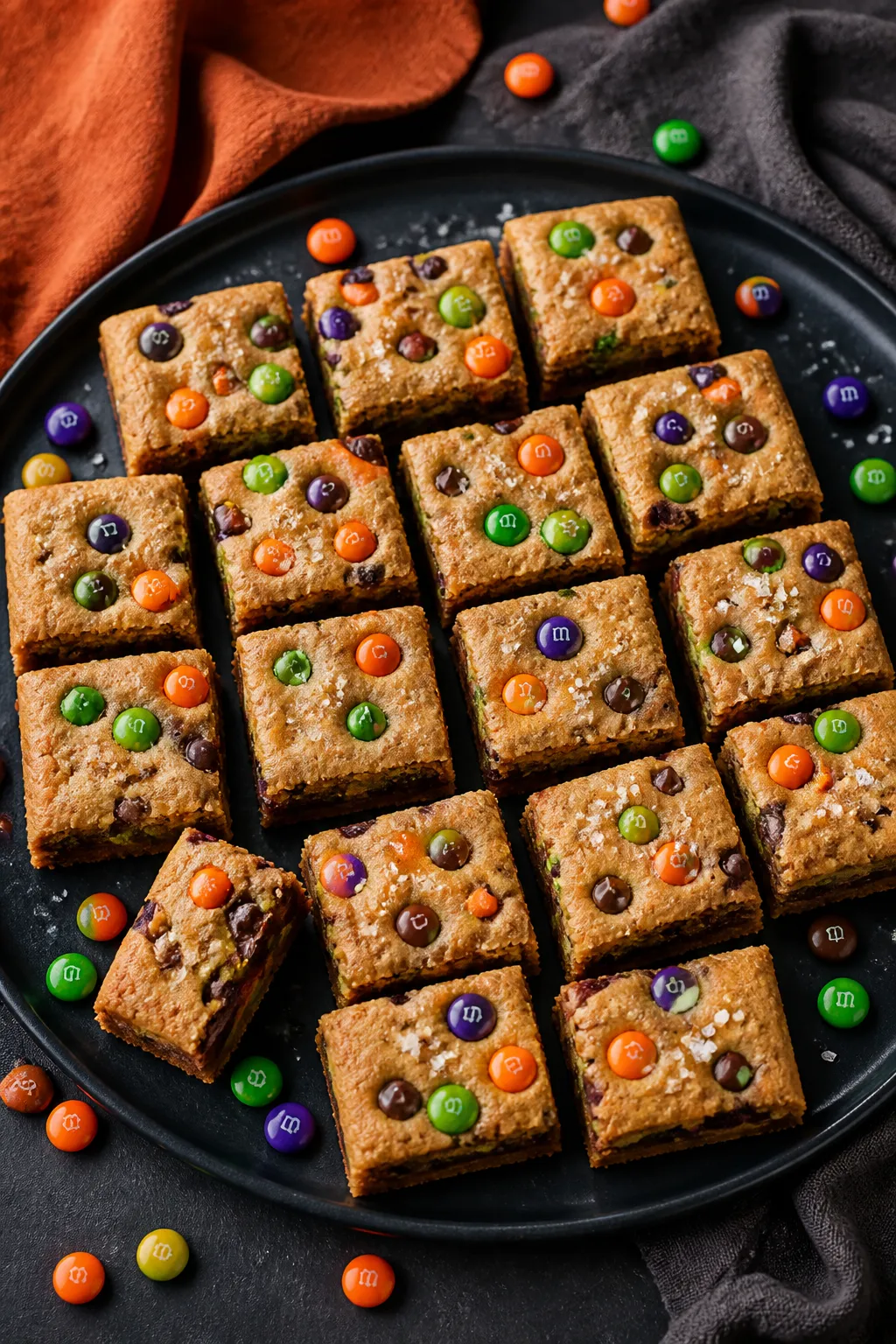 Final dish presentation: Beautifully sliced Halloween M&M cookie bars arranged on a matte black plat