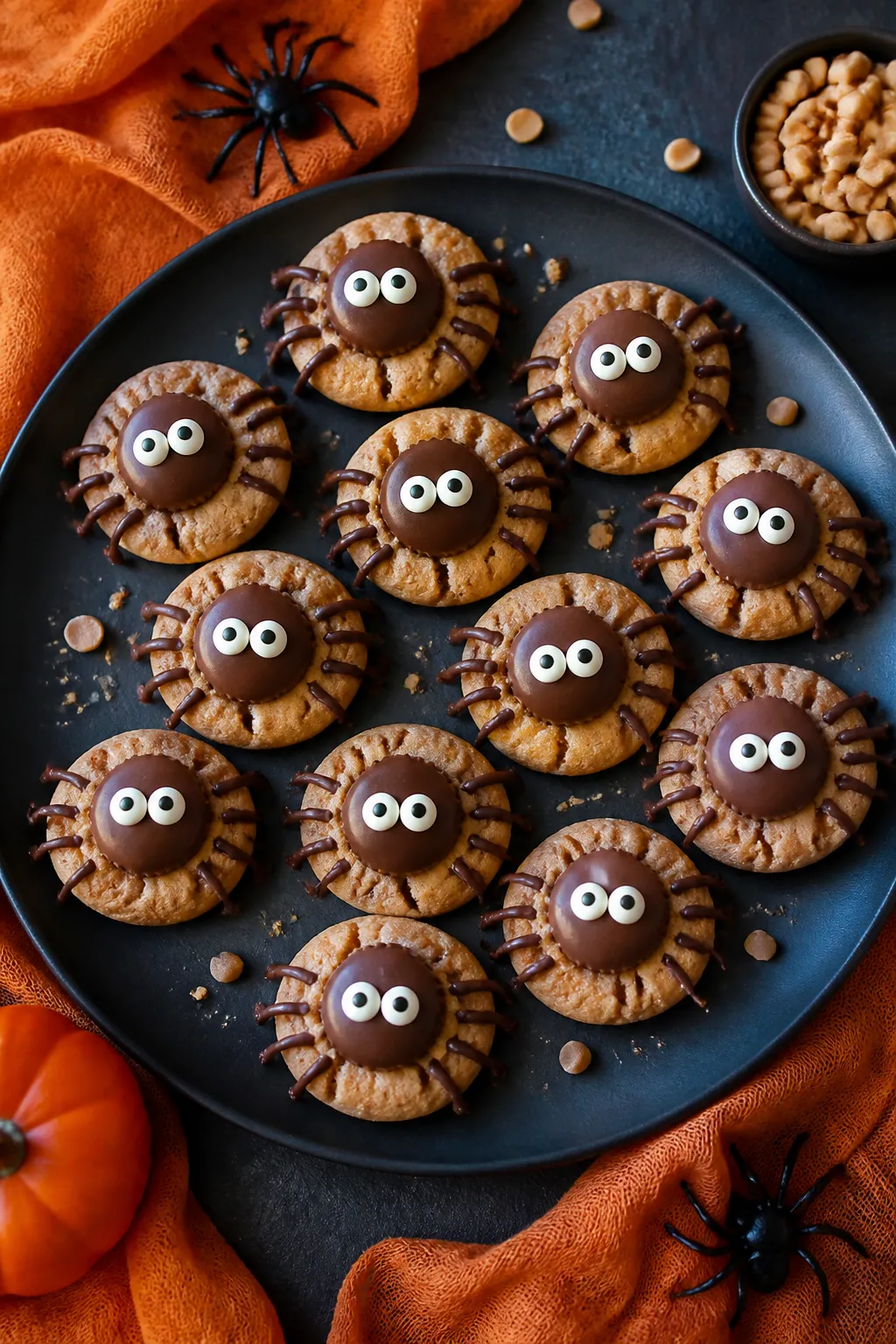 Final dish presentation: Dessert-table hero shot of a platter of Halloween Peanut Butter Spider Cook