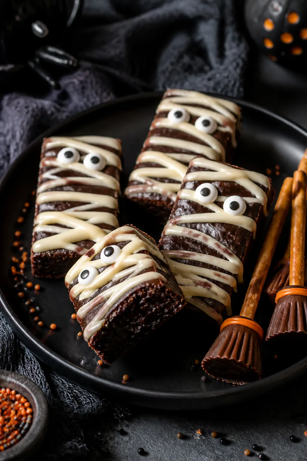 Final dish presentation: Individual “mummy” brownies plated on a matte black dessert plate, tigh