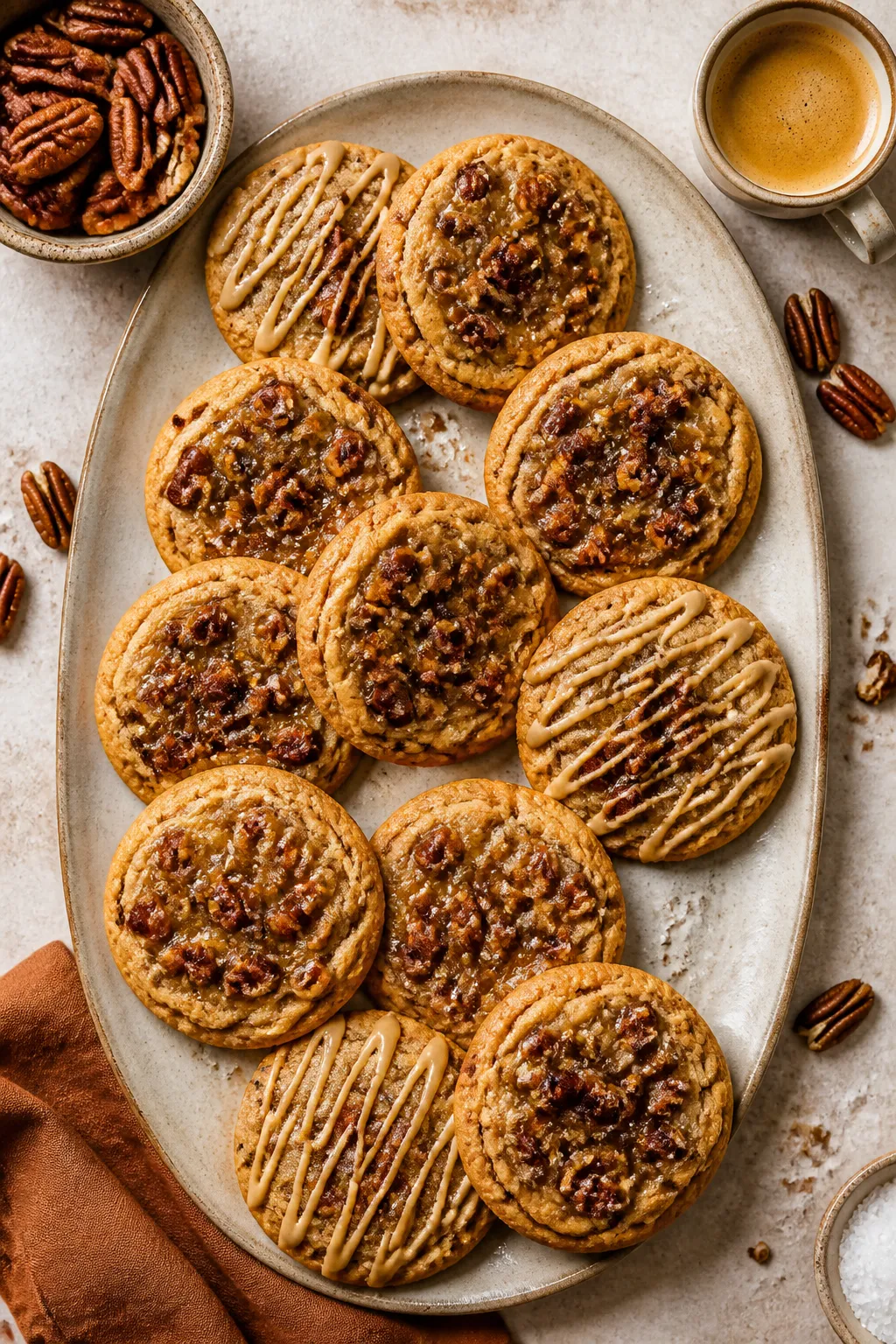 Final dish presentation: Restaurant-quality dessert tray of pecan pie cookies arranged in a neat sta