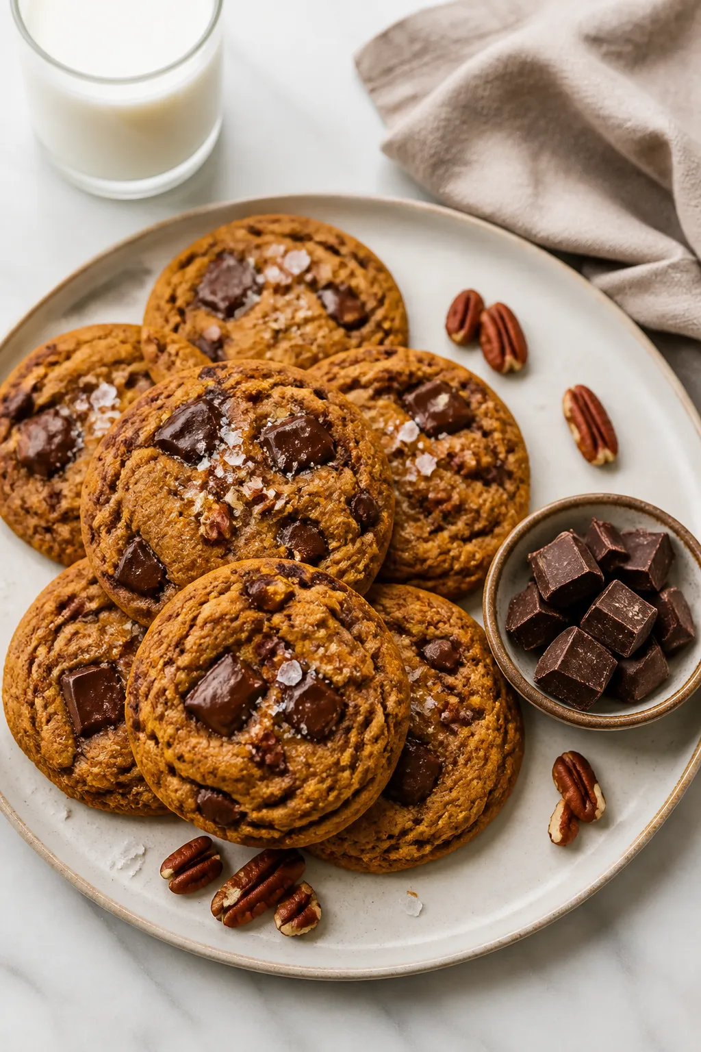 Final dish presentation: Restaurant-quality plate of finished pumpkin chocolate chip cookies stacked