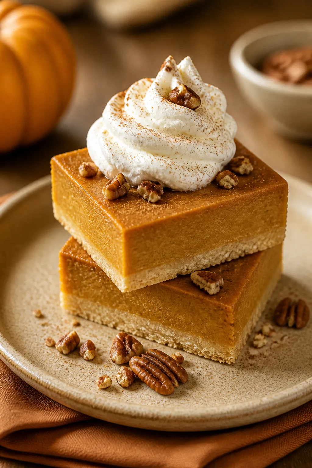 Final dish presentation: Restaurant-quality plate with two Pumpkin Pie Bars stacked slightly askew,