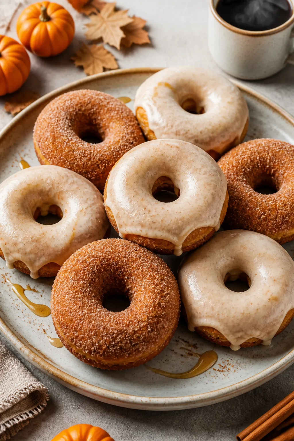 Final dish presentation: Restaurant-quality plate of assorted finished pumpkin spice donuts—half c
