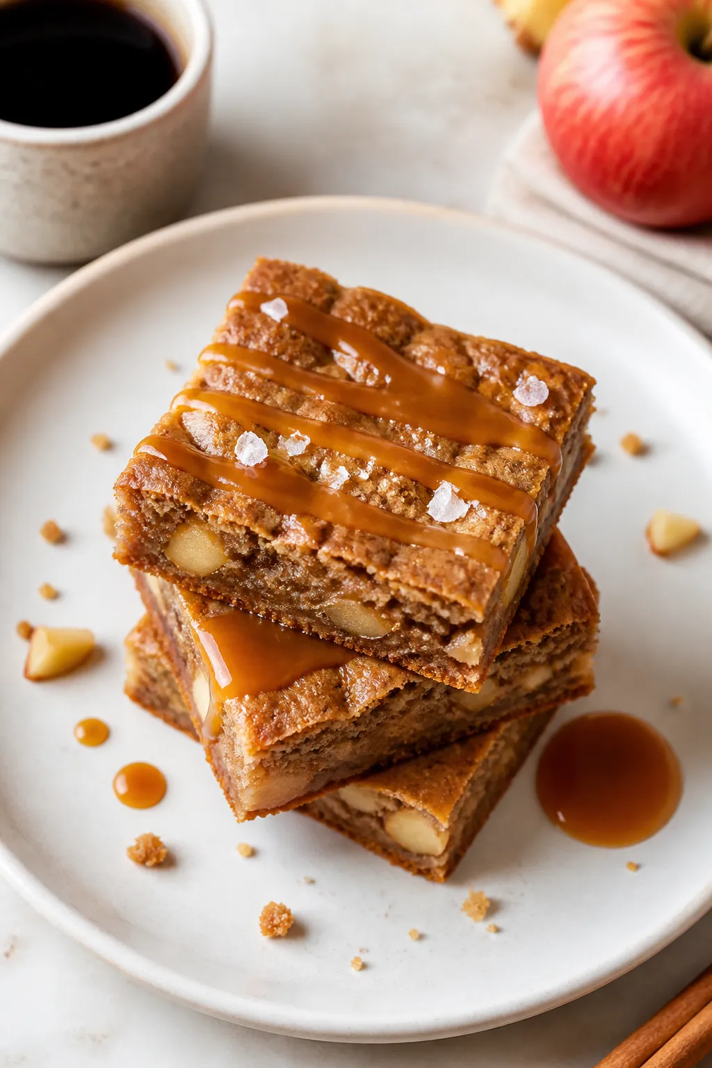 Final dish presentation: Restaurant-quality plate of neatly sliced Caramel Apple Blondie bars stacke