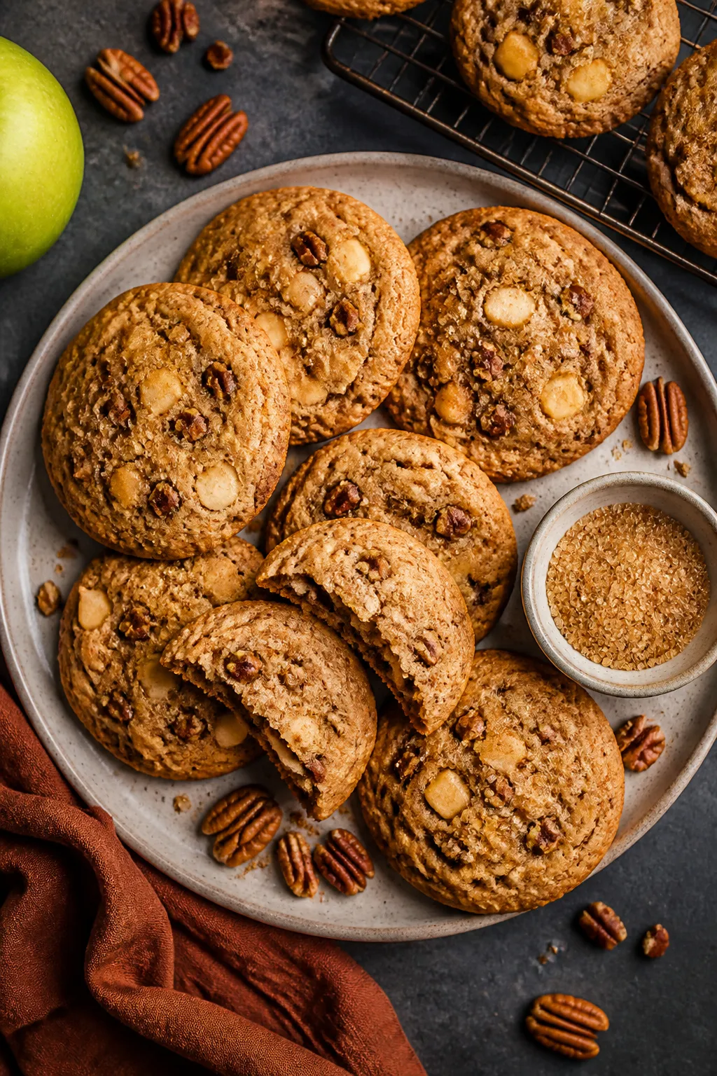 Final dish presentation: Restaurant-quality plate of brown butter apple cookies stacked and fanned o