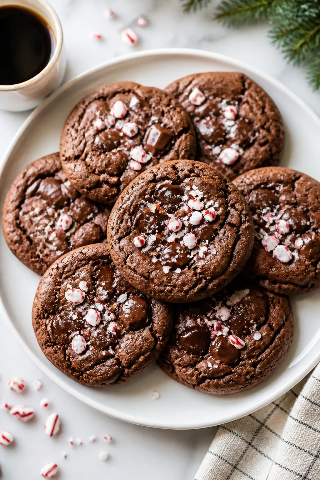 Final dish presentation: Restaurant-quality plate of peppermint mocha cookies stacked and fanned on