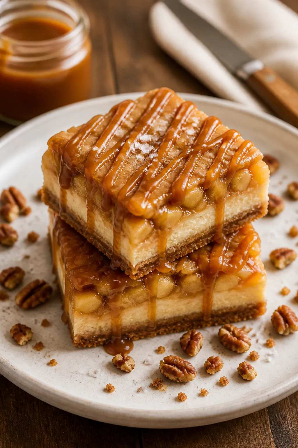 Final dish presentation: Restaurant-quality plate with two chilled Caramel Apple Cheesecake Bars sta