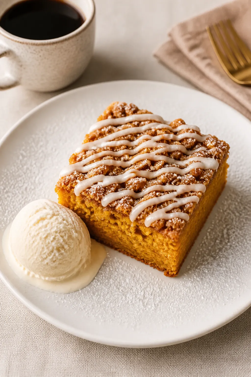 Final dish presentation: Restaurant-quality plated slice of pumpkin crumb cake on a matte white dess
