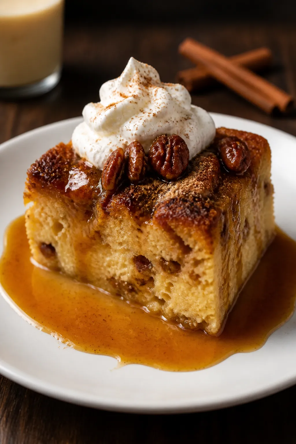 Final dish presentation: Restaurant-quality plated serving of warm eggnog bread pudding with a caram