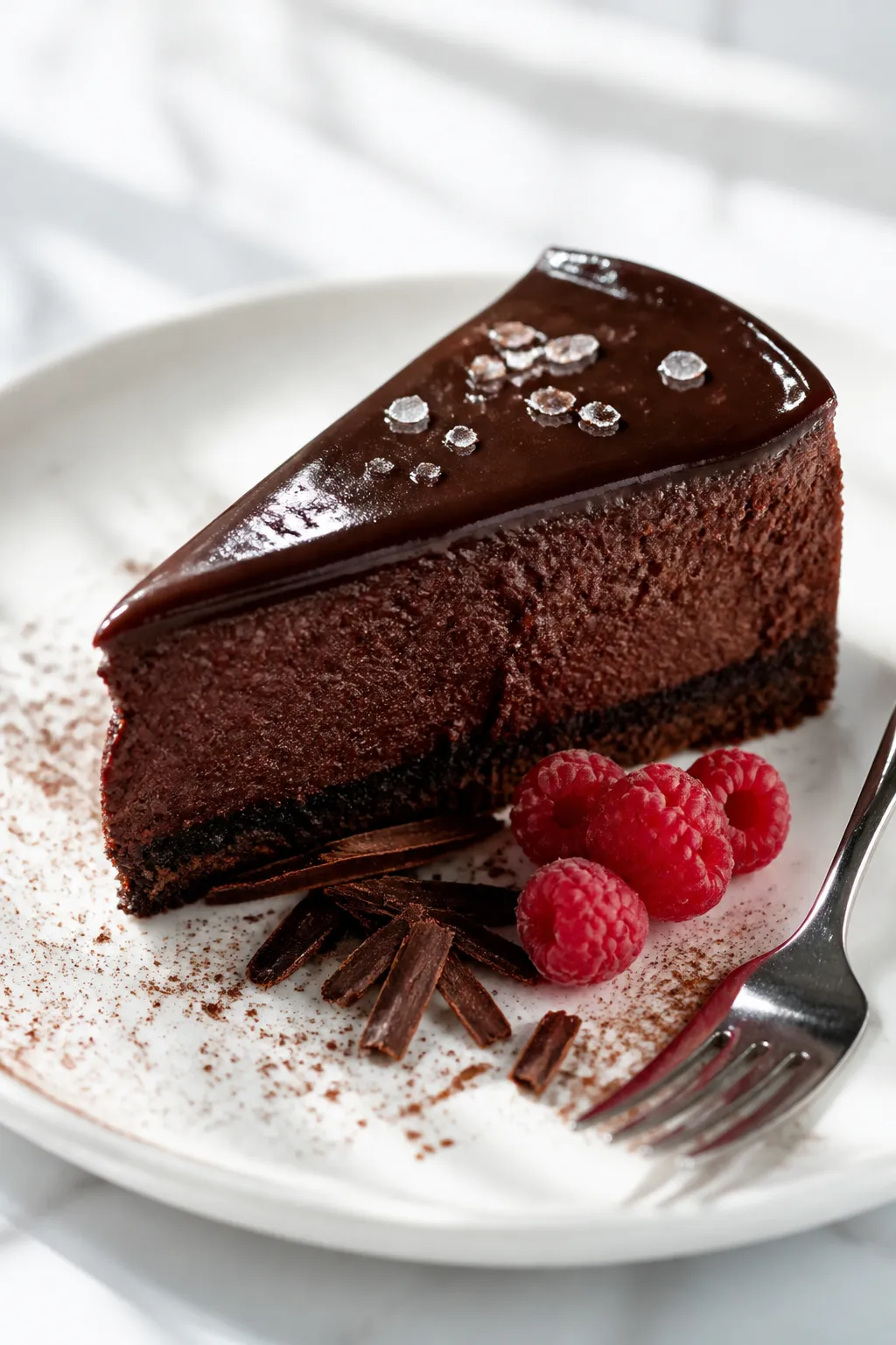 Final dish presentation: Restaurant-quality plated wedge of Midnight Chocolate Cheesecake with gloss